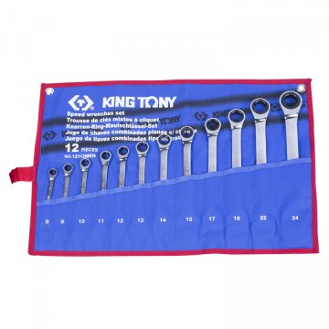 Набор комбинированных трещоточных ключей, 8-24 мм, чехол из теторона, 12 предметов KING TONY 12112MRN